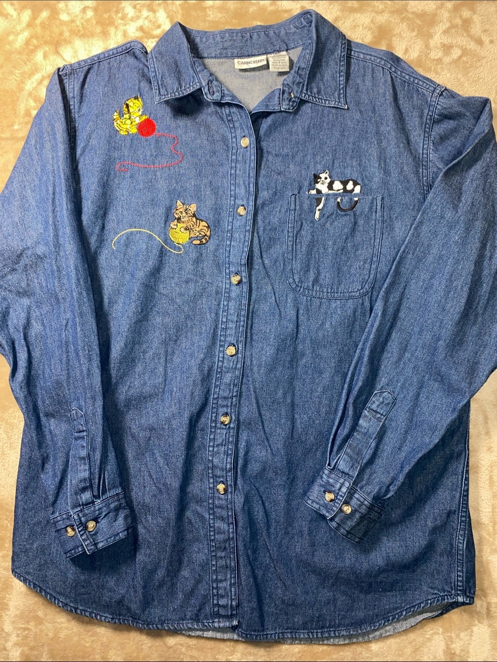 Vintage Cabin Creek Blue Denim Button-Down Shirt with Cat Embroidery